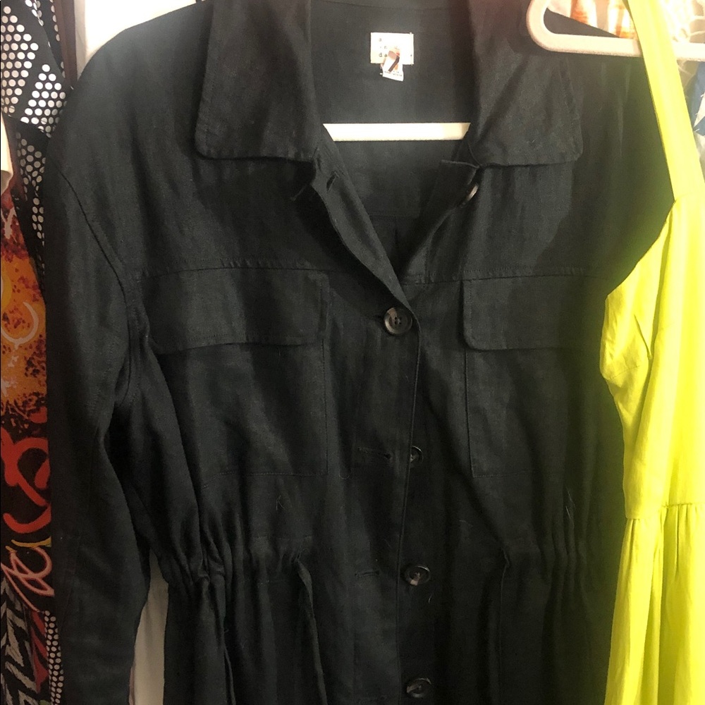 Black Linen Blend Jacket And Green Dress As Set